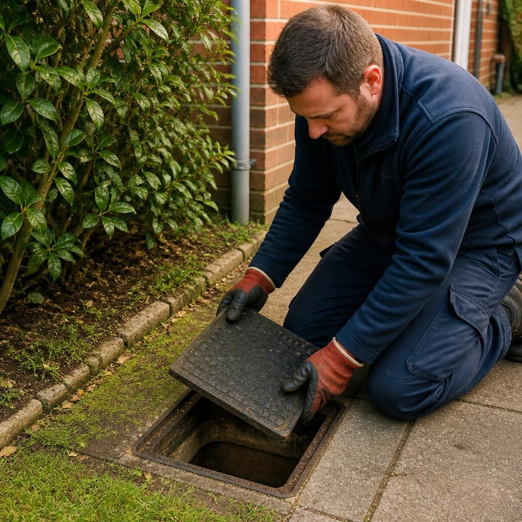 Engineer lifting a drain inspection chamber cover beside a garden path