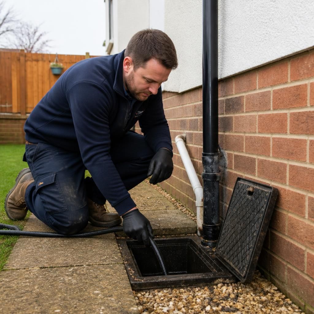 Drainage professional inspecting an outside kitchen drain beside a rented home