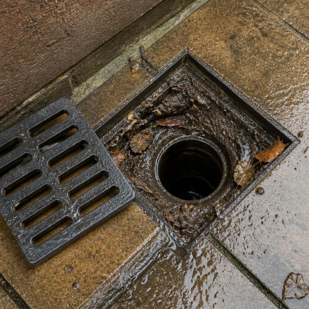 Open outdoor kitchen drain with debris visible around the gully