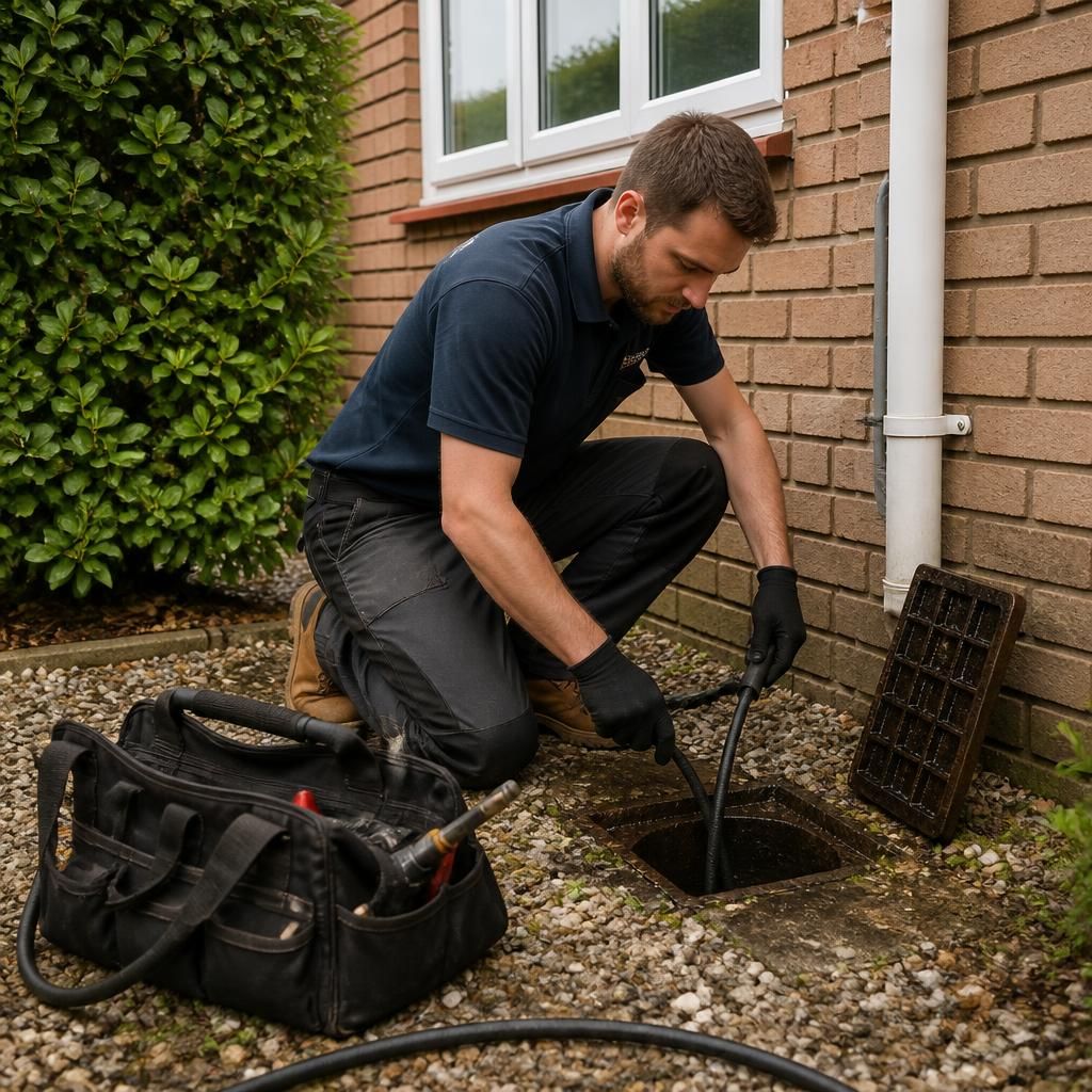 Plumber inspecting an outside kitchen drain beside a residential property