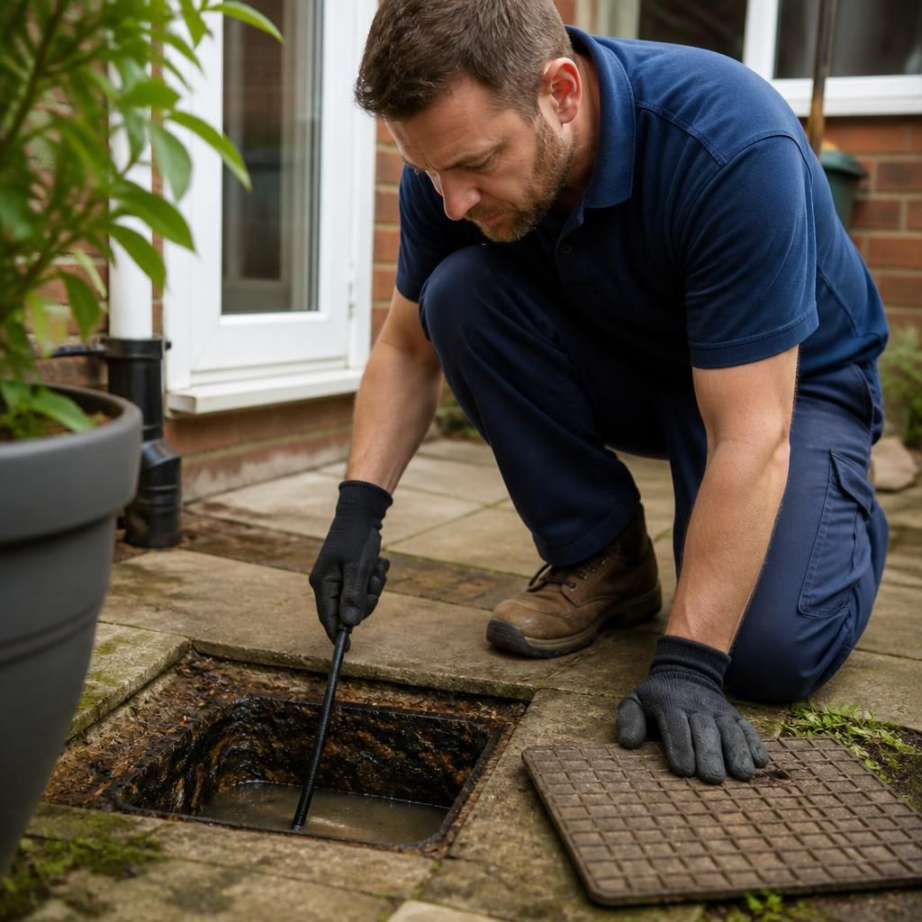 Plumber examining an outside kitchen drain with the access cover removed