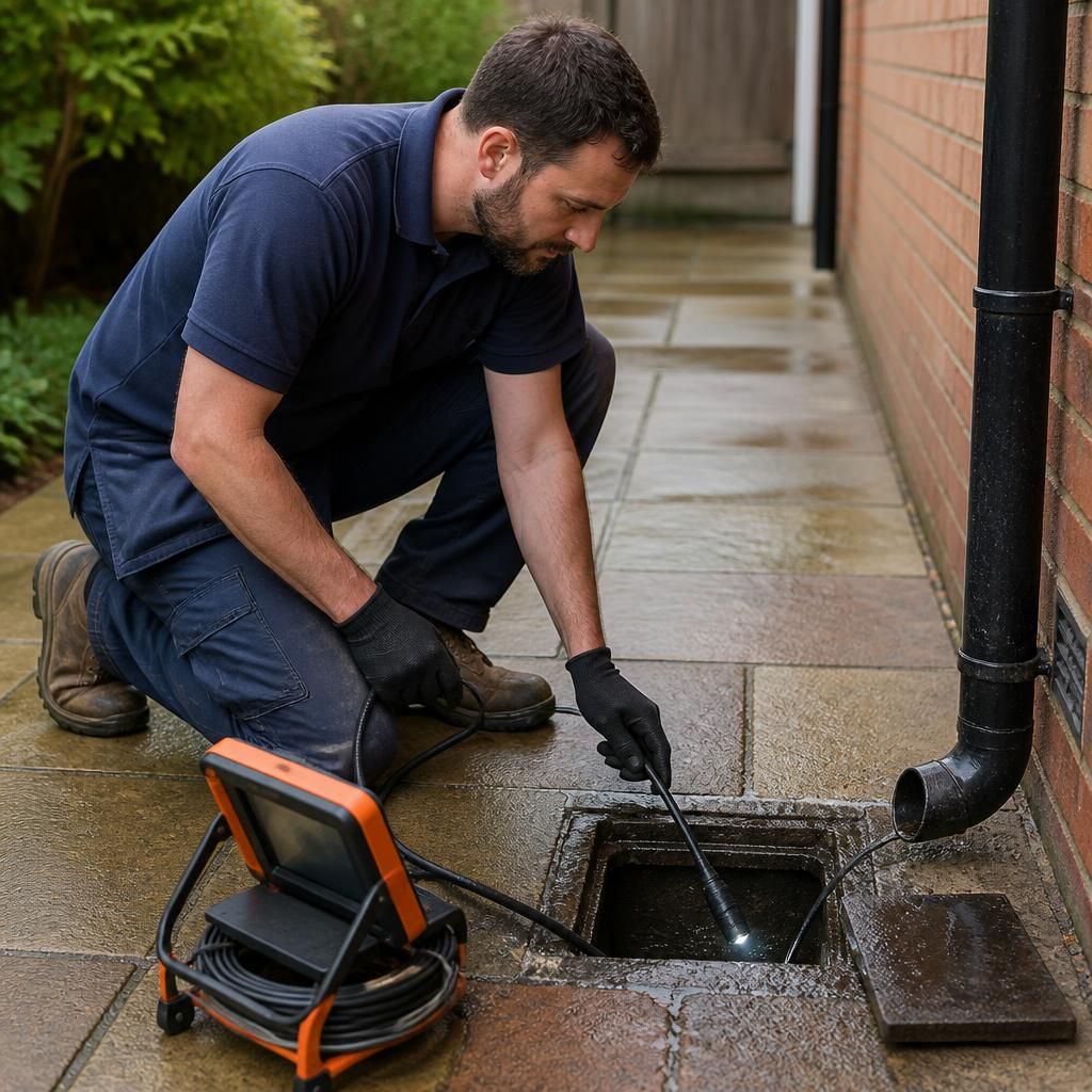 Plumber inspecting an external kitchen drain beside a paved property area