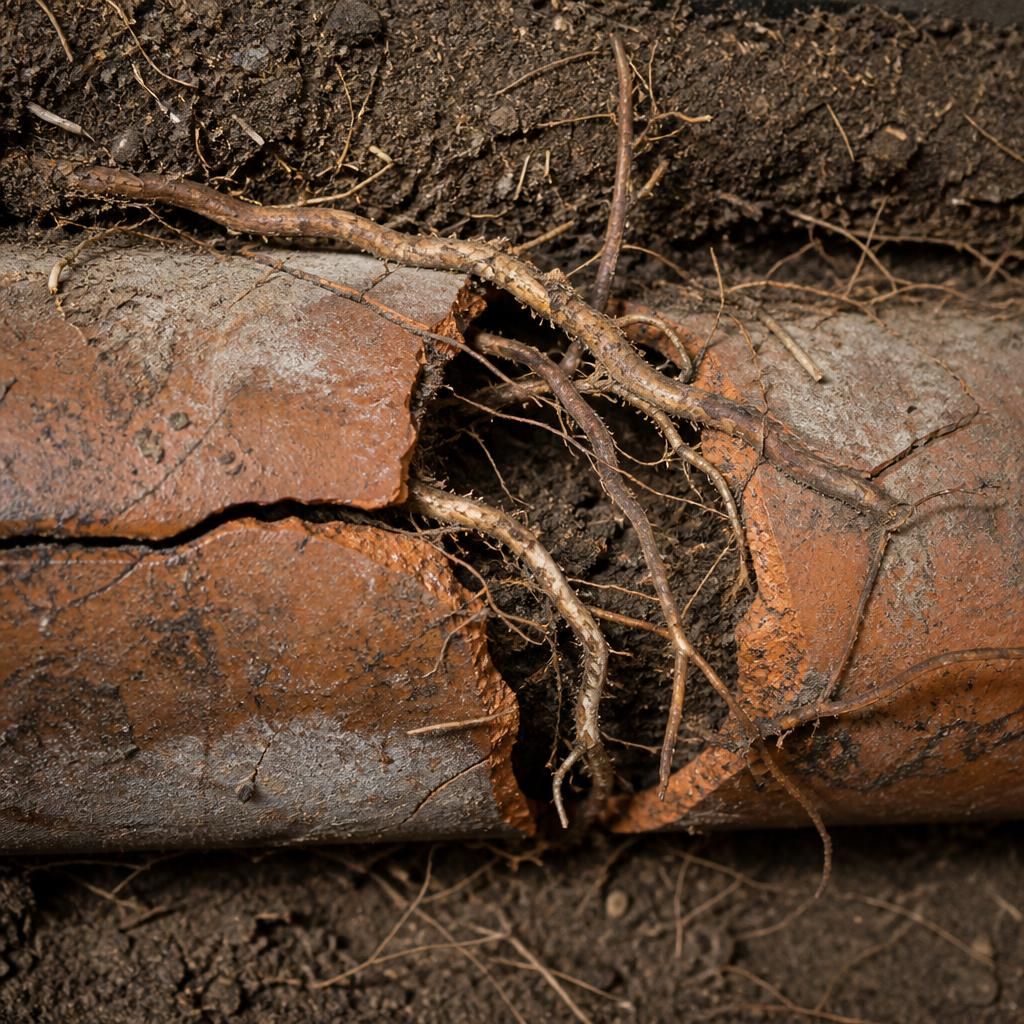 Tree roots growing through a cracked underground drainage pipe