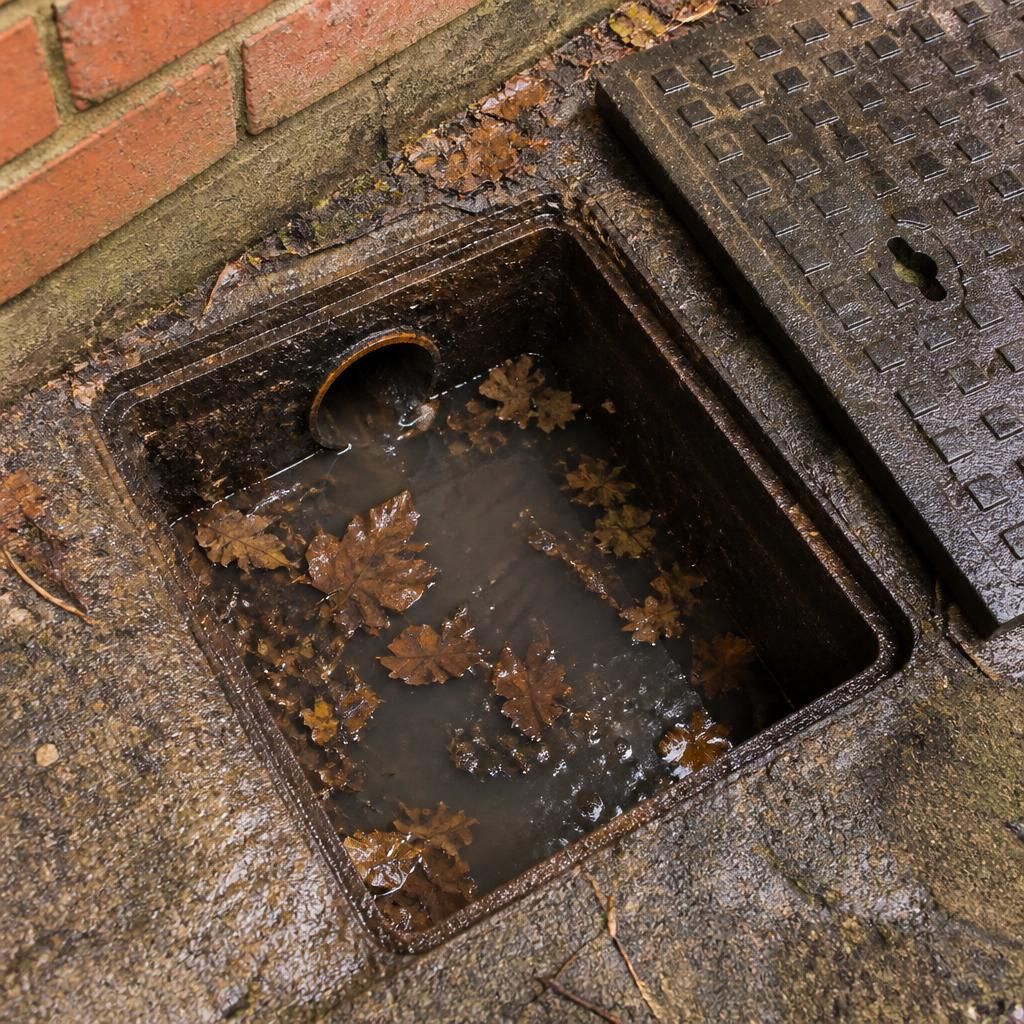 Open exterior drain inspection chamber with standing water and leaves