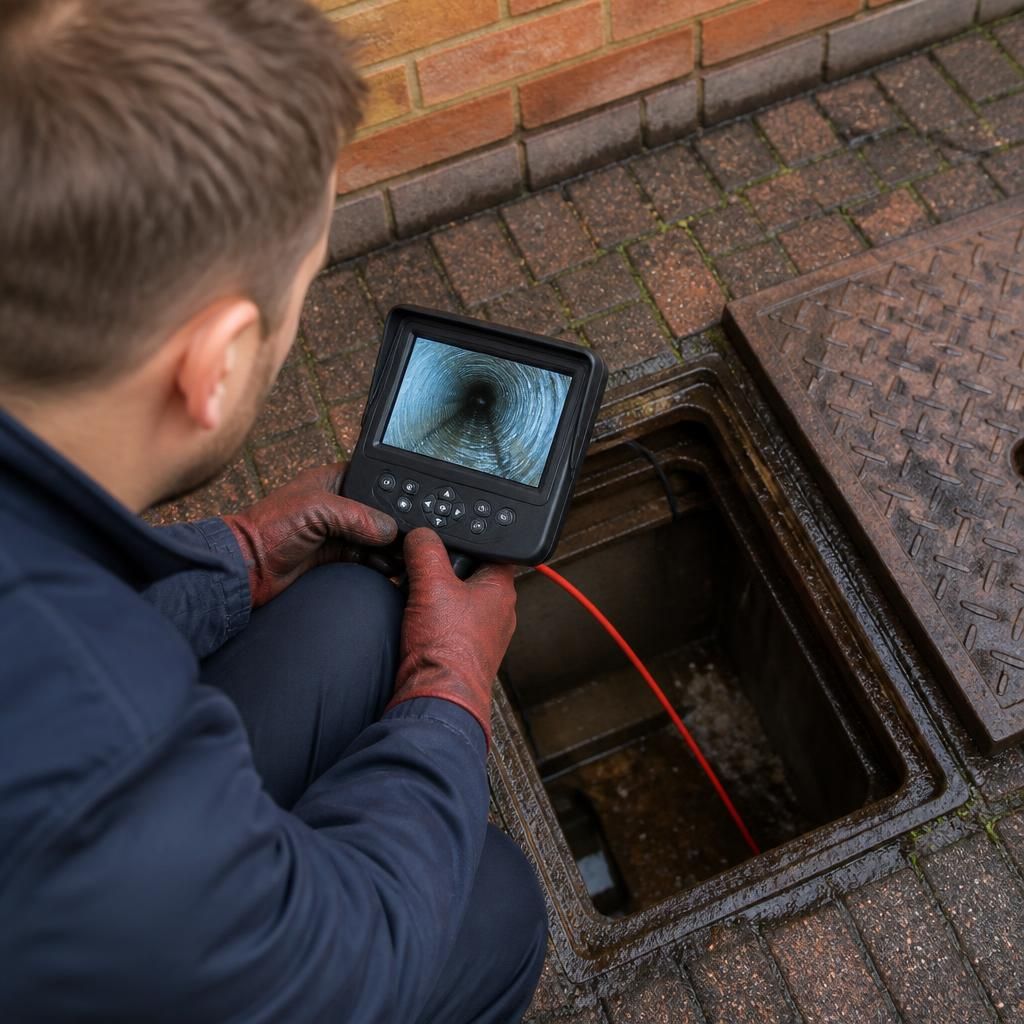 Plumber using a drain inspection camera inside an outdoor inspection chamber