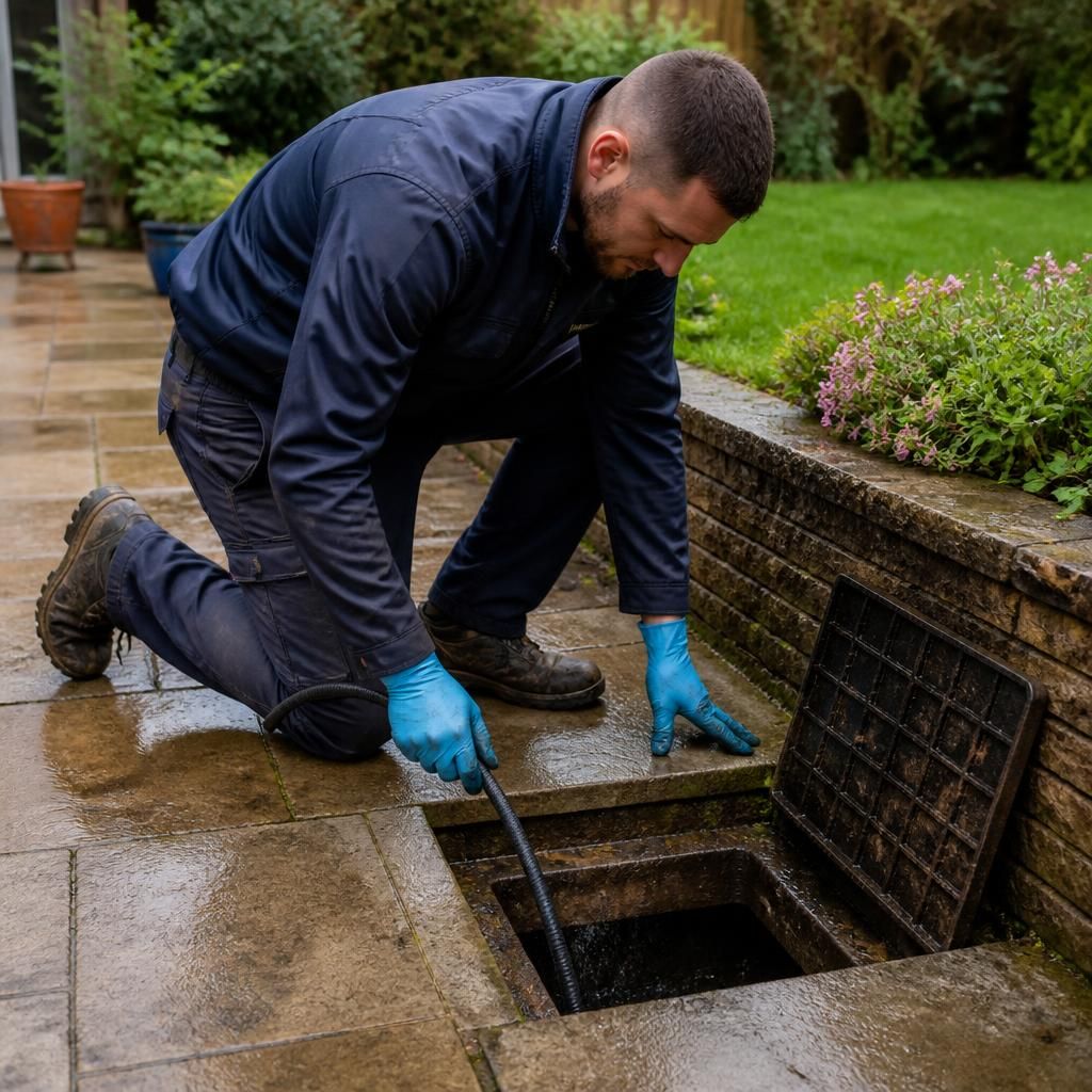 Drain engineer inspecting an external drain chamber beside a paved garden path