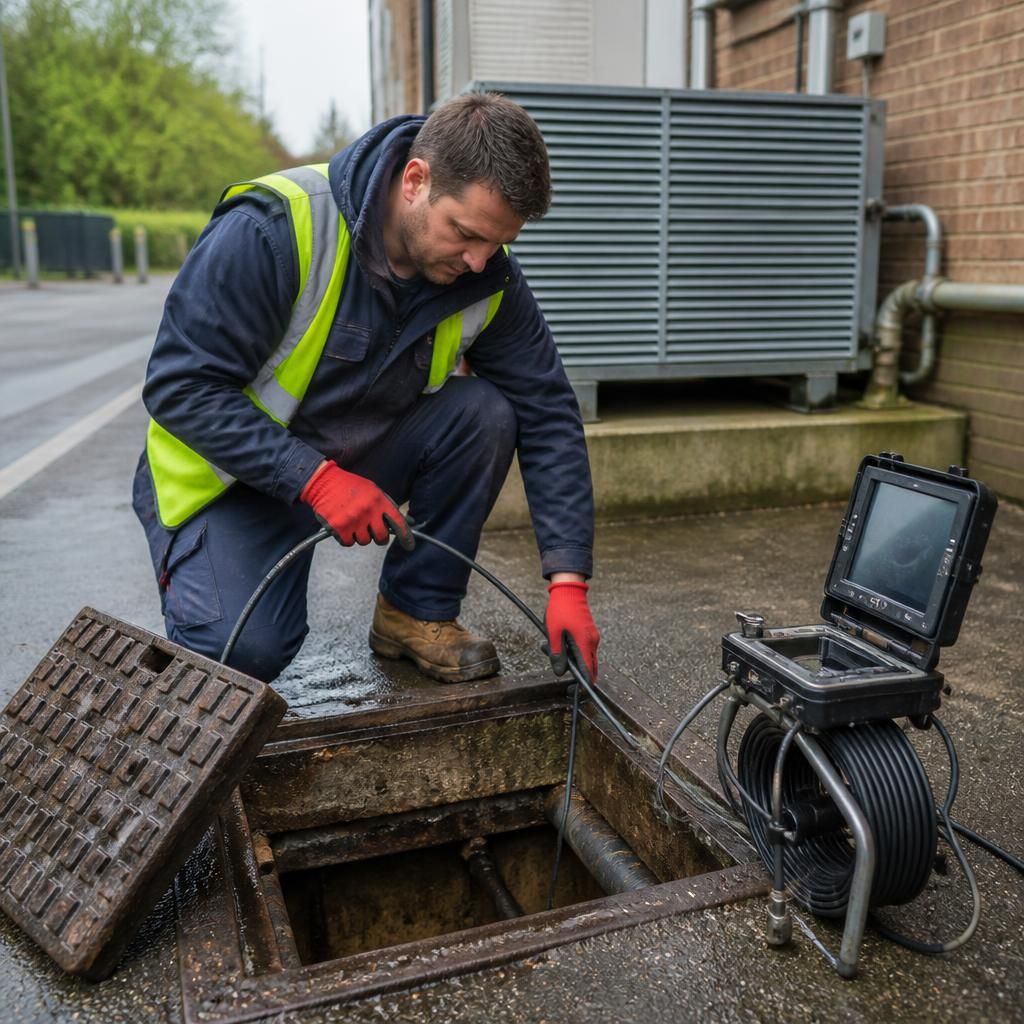 Drainage engineer inspecting a commercial drain access chamber