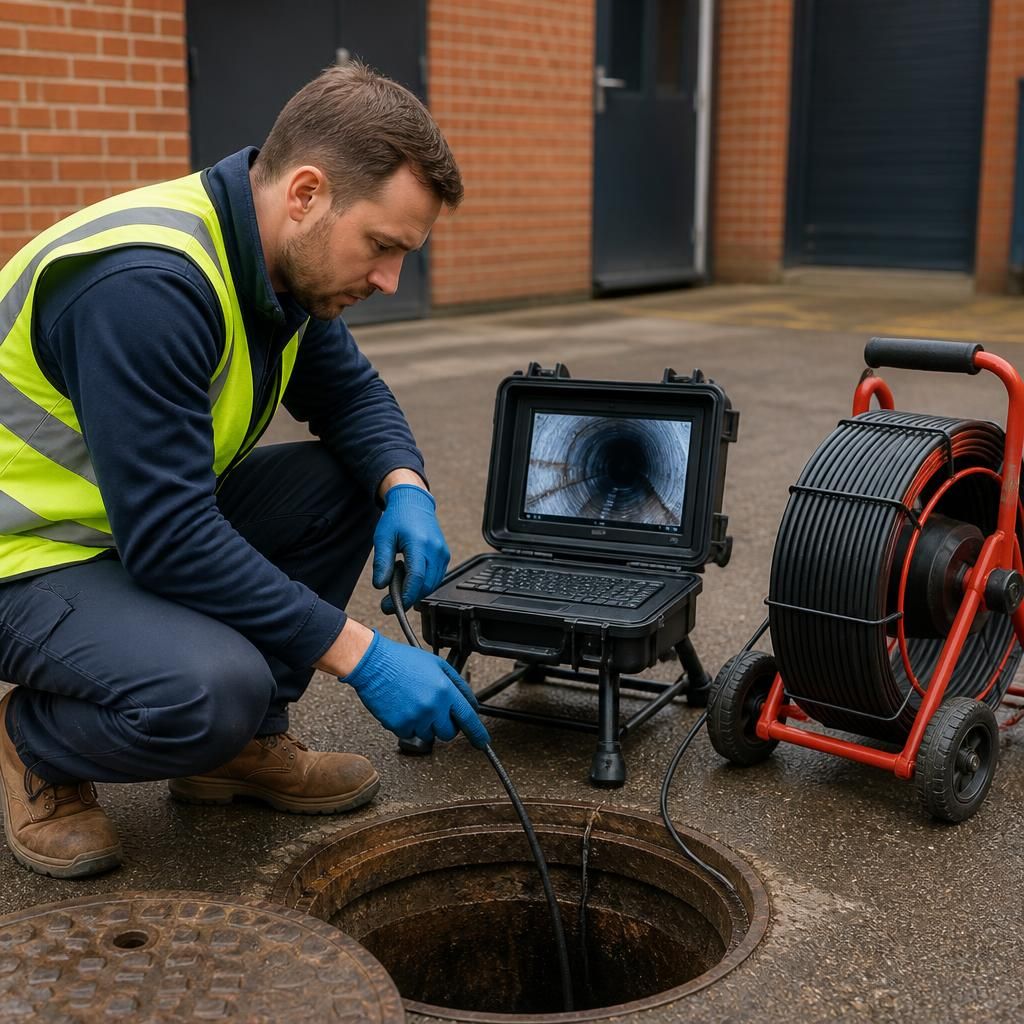 Technician inspecting a commercial drain with a CCTV camera and monitor