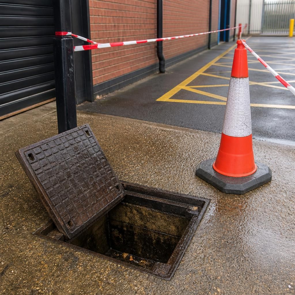 Commercial drain cover beside a marked work area at business premises