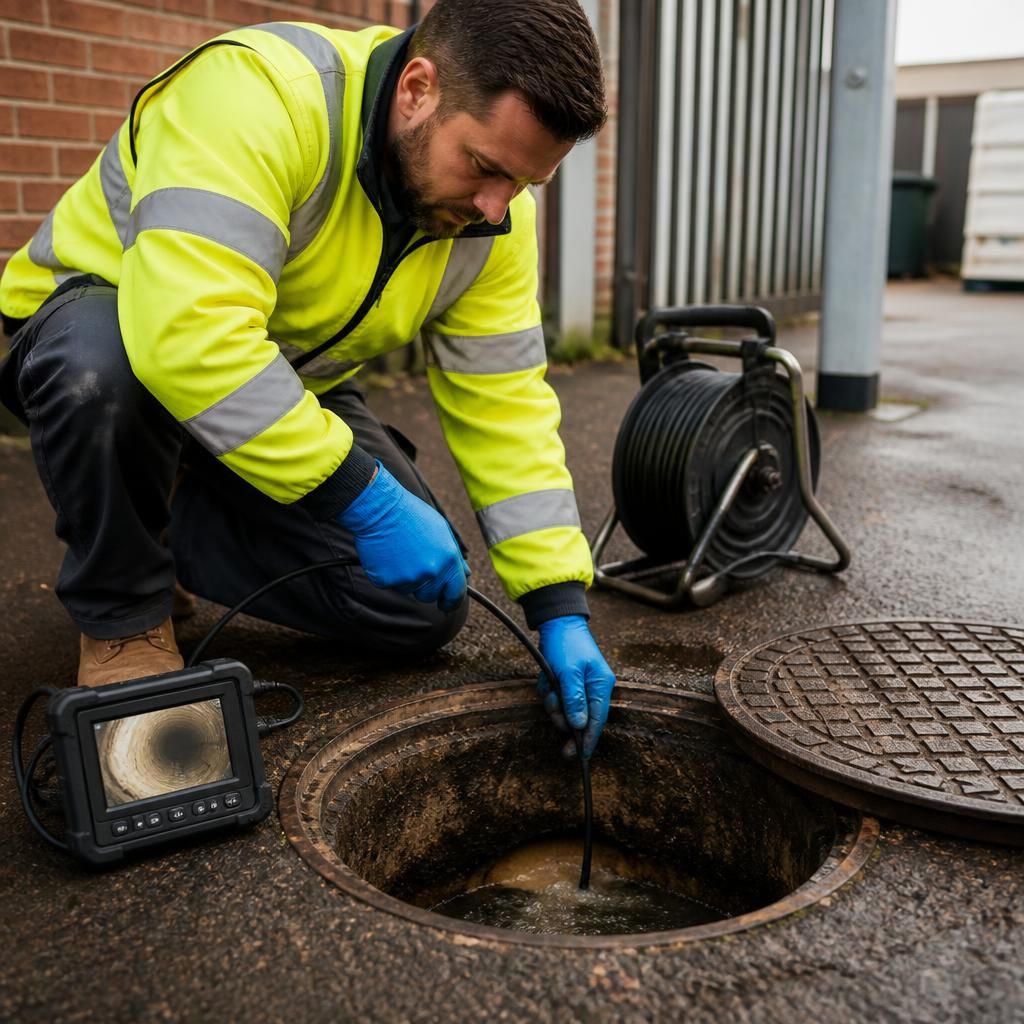 Engineer inspecting a commercial drainage inspection chamber with specialist equipment