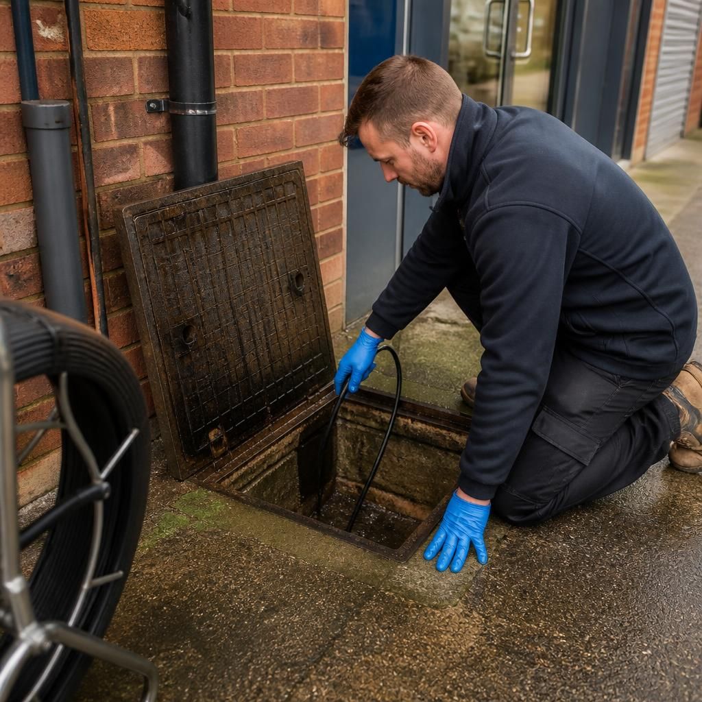 Plumber inspecting an open drain chamber outside a commercial building