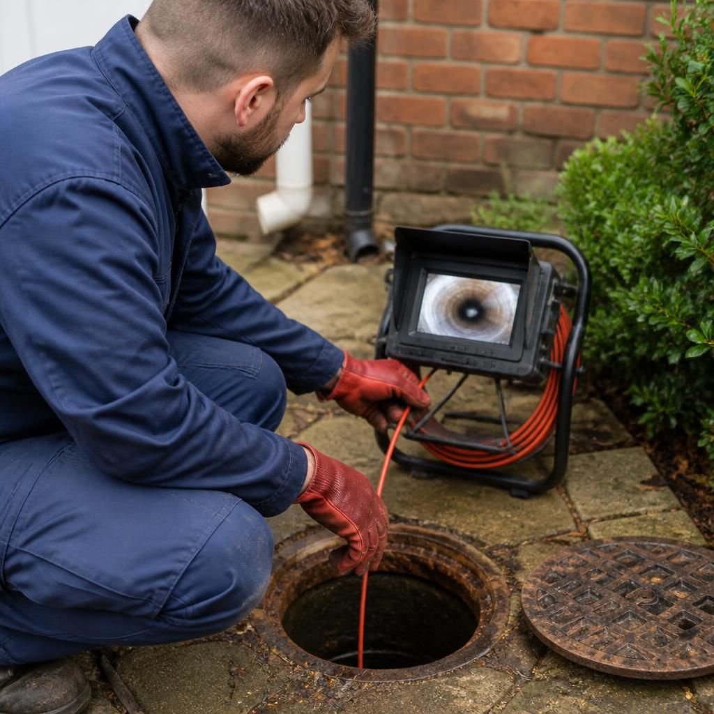 Plumber using a drain camera to inspect an outdoor inspection chamber