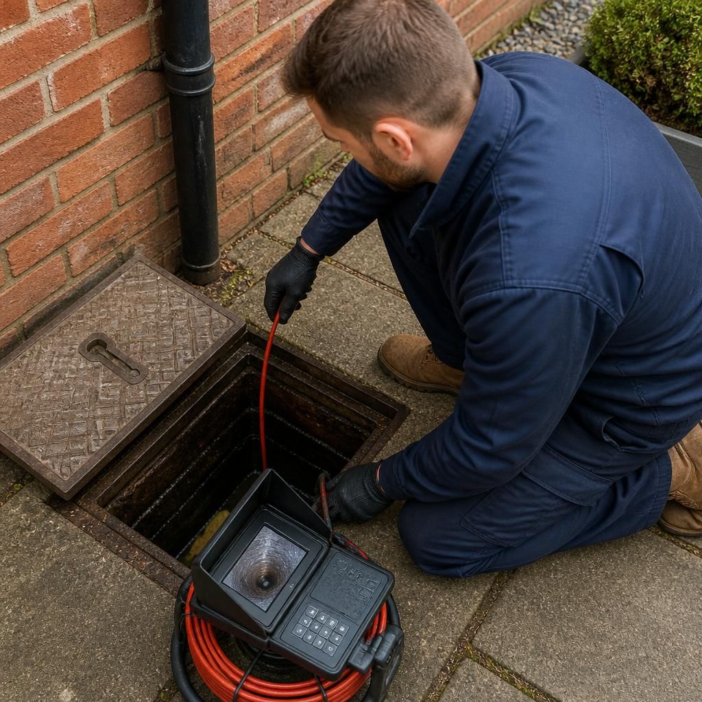 Engineer inspecting an open external drain chamber with a CCTV survey camera