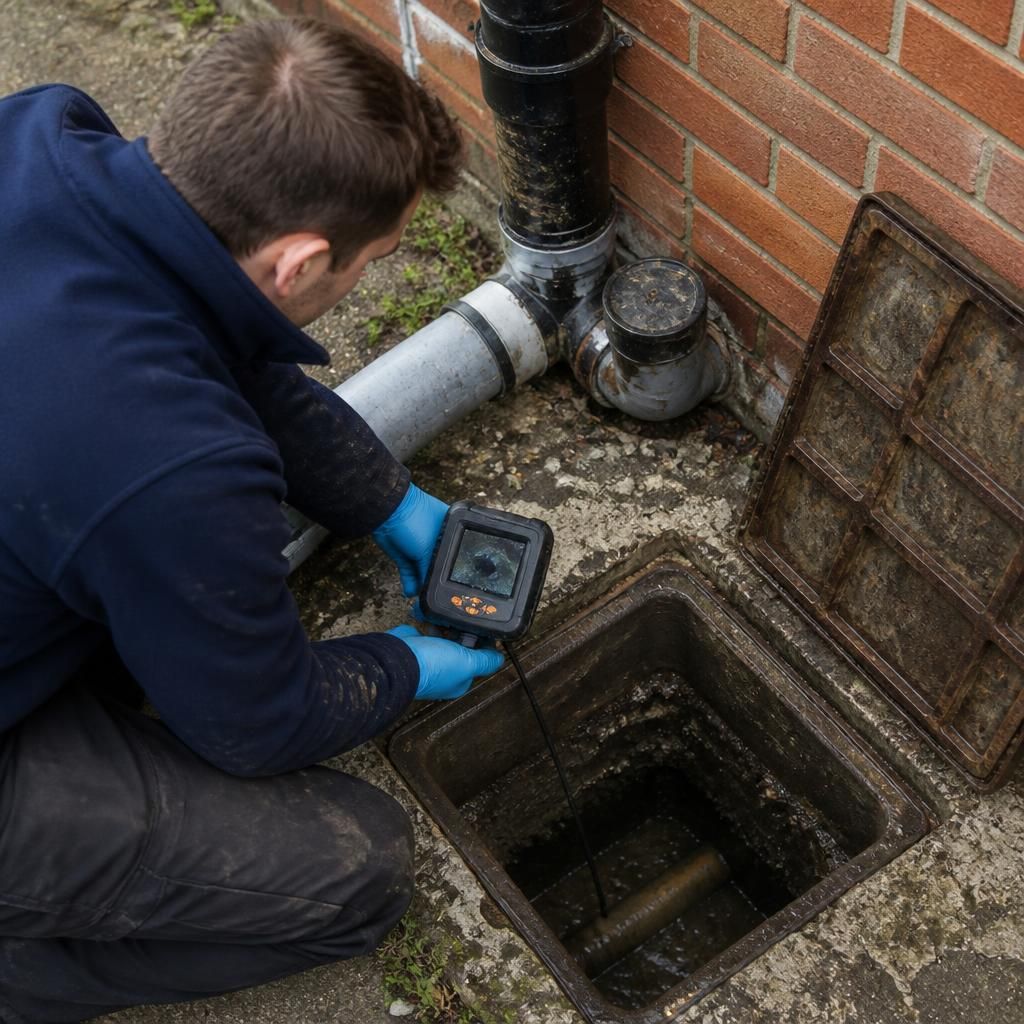 Technician inspecting an open external drain chamber with a camera