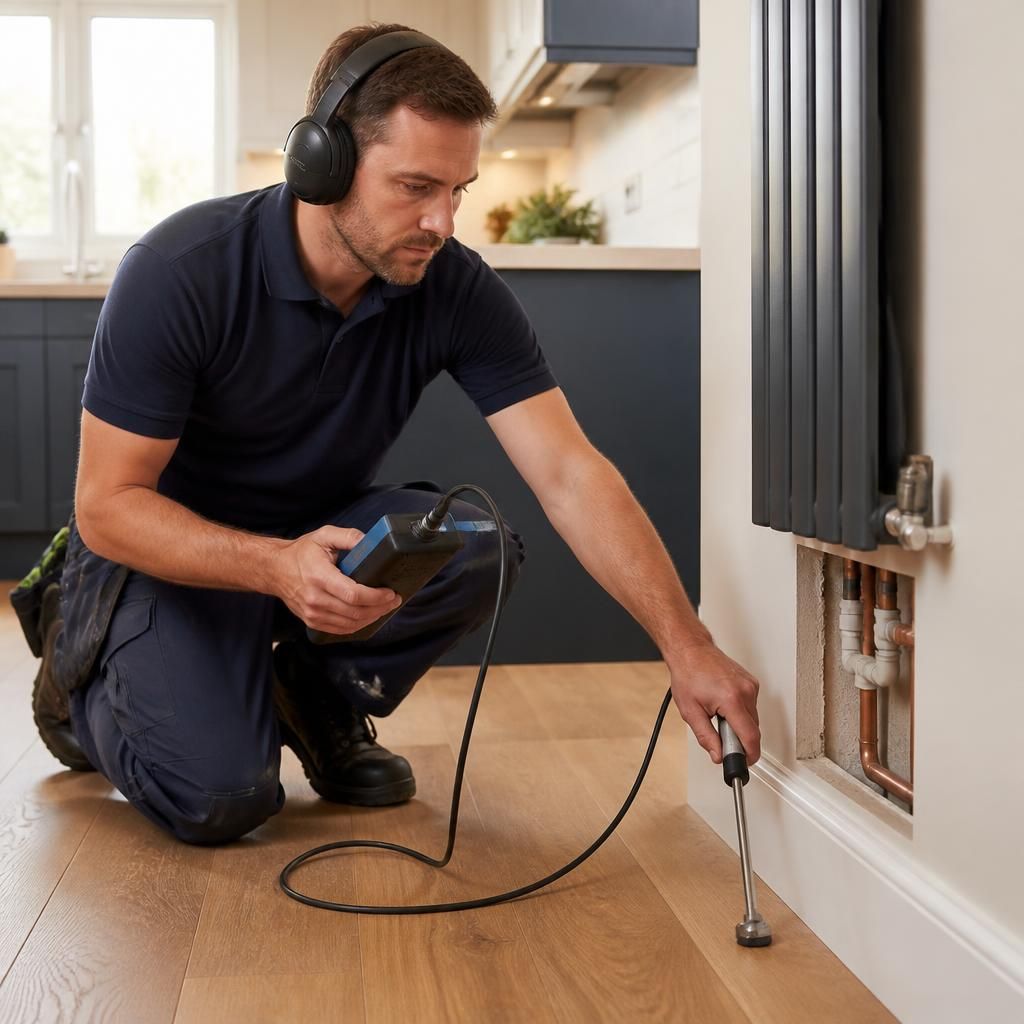 Plumber using electronic equipment to trace a concealed water leak beneath flooring