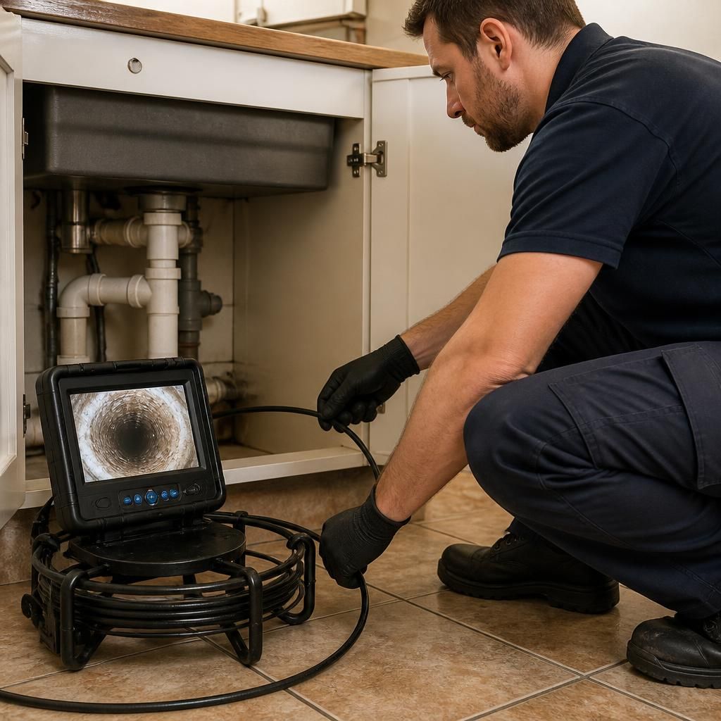 Plumber inspecting a blocked drain with a camera inspection system