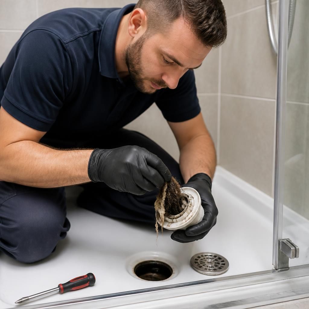 Plumber removing hair and soap residue from a shower drain trap