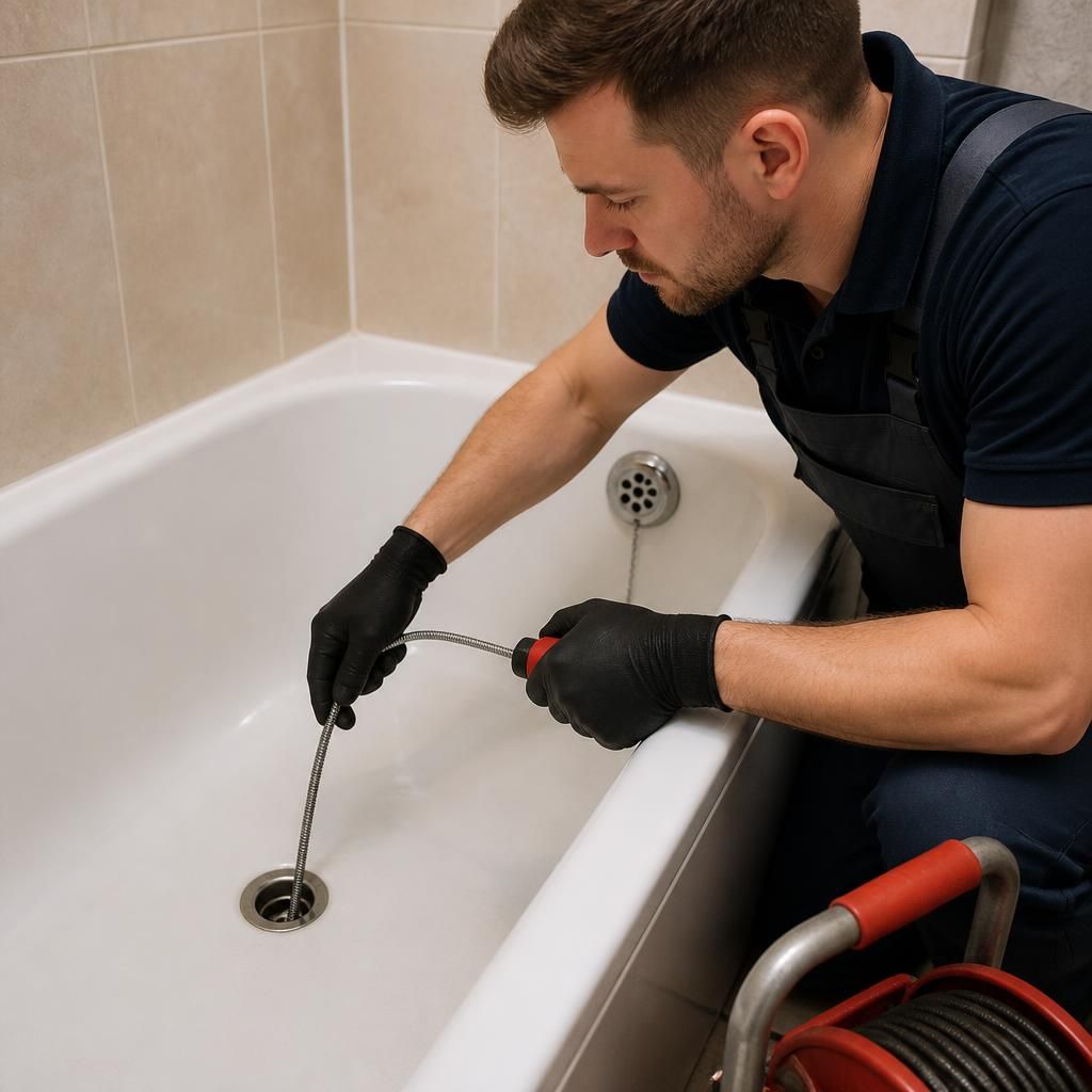 Plumber using a flexible drain-cleaning tool through a bath waste opening