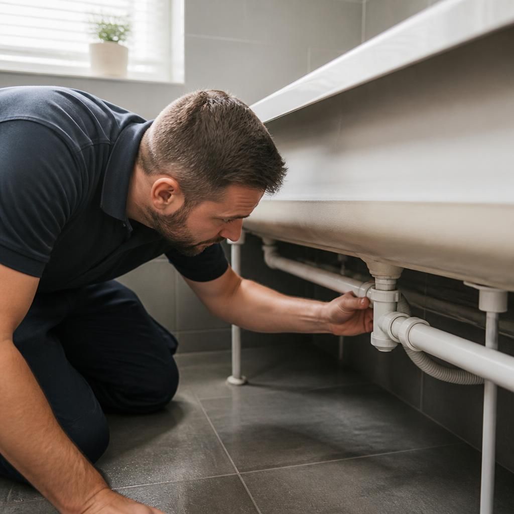 Plumber inspecting the waste pipe beneath a bath