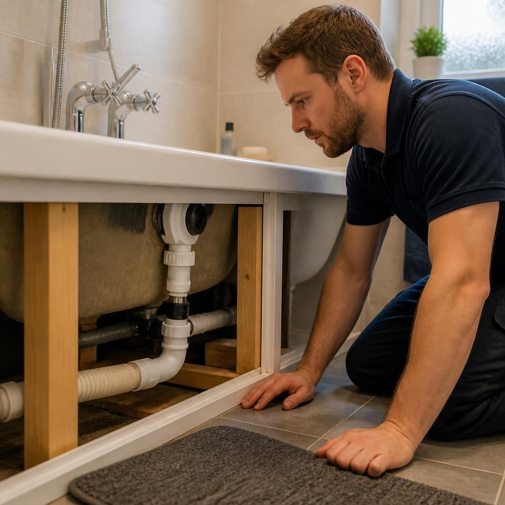Plumber inspecting the waste and overflow fittings beneath a bath