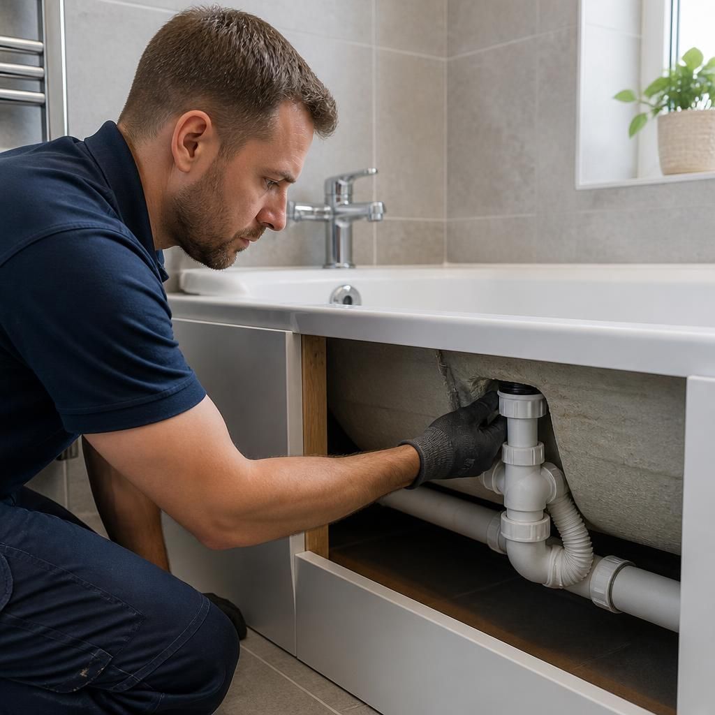 Plumber inspecting the bath waste and overflow connection beneath a bath panel