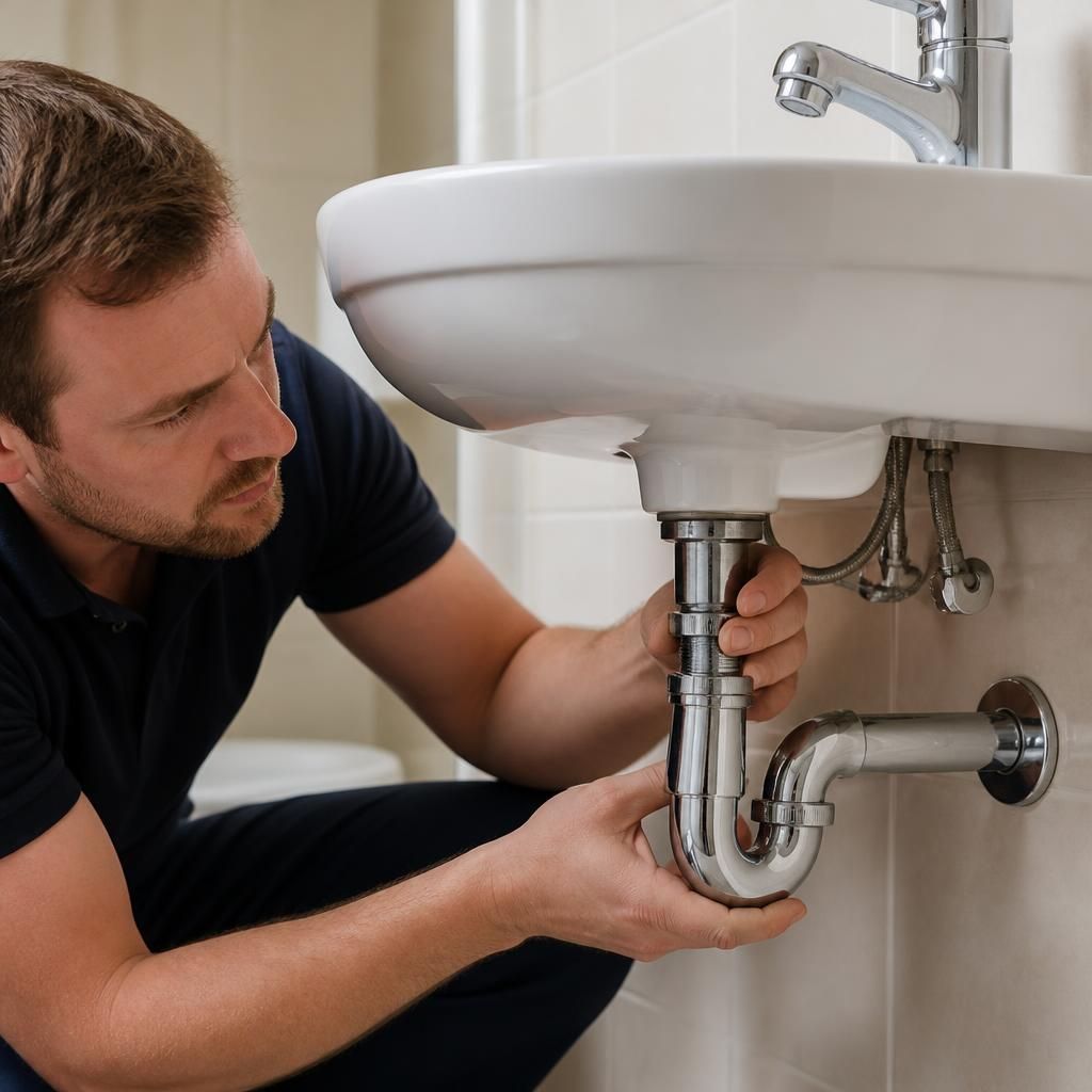 Plumber inspecting the waste trap beneath a bathroom basin