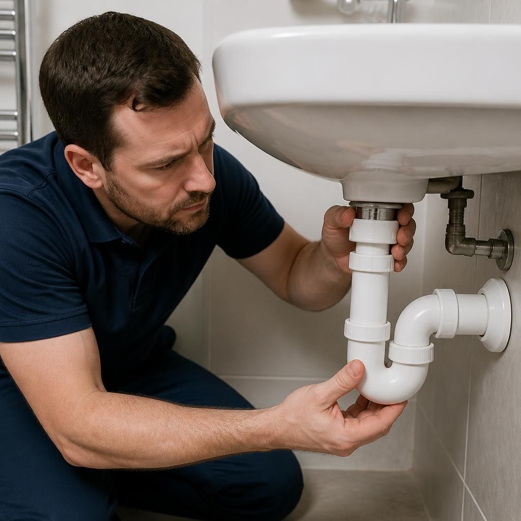 Plumber inspecting the trap and waste pipe beneath a bathroom basin