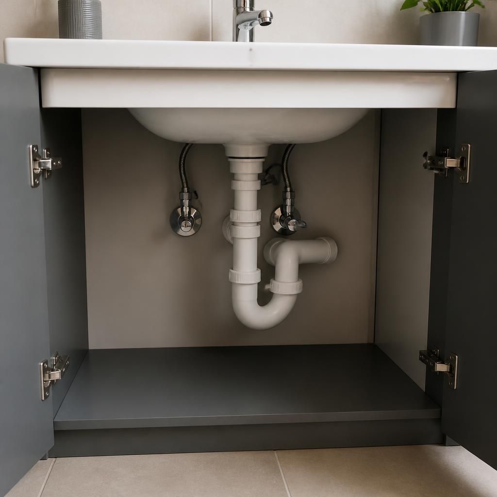 Bathroom sink cabinet cleared to show the waste pipe and surrounding floor