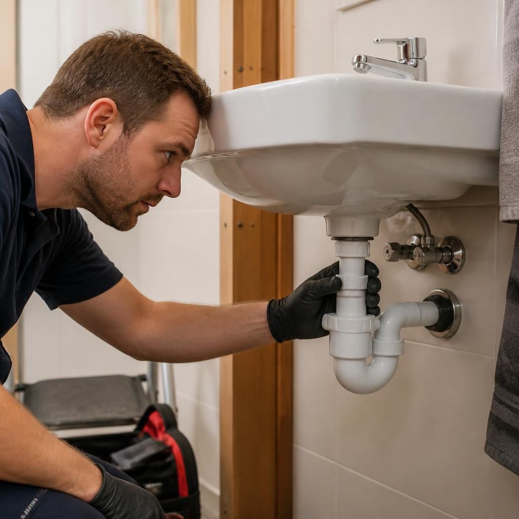 Plumber inspecting the waste pipe beneath a bathroom basin