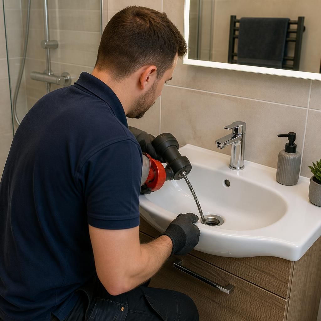 Plumber using a drain auger through a bathroom basin waste opening