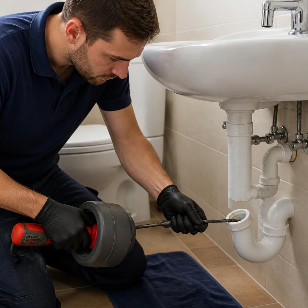 Plumber using a drain-cleaning tool inside a bathroom waste pipe
