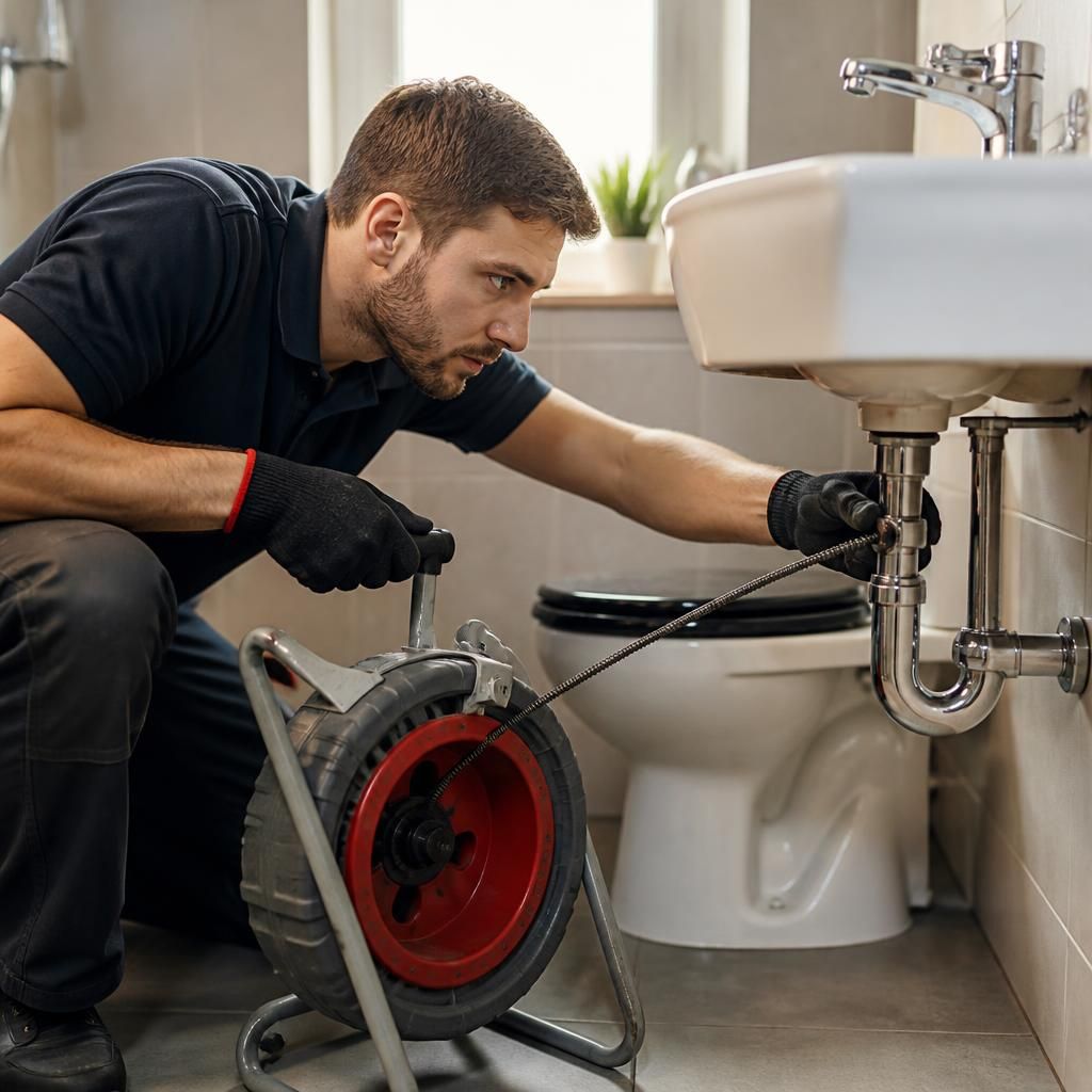 Plumber using a drain auger to clear a bathroom waste pipe