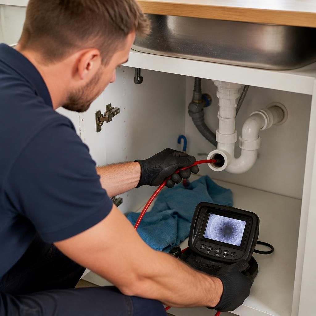 Plumber feeding a drain auger into a kitchen sink waste pipe beyond the U-bend