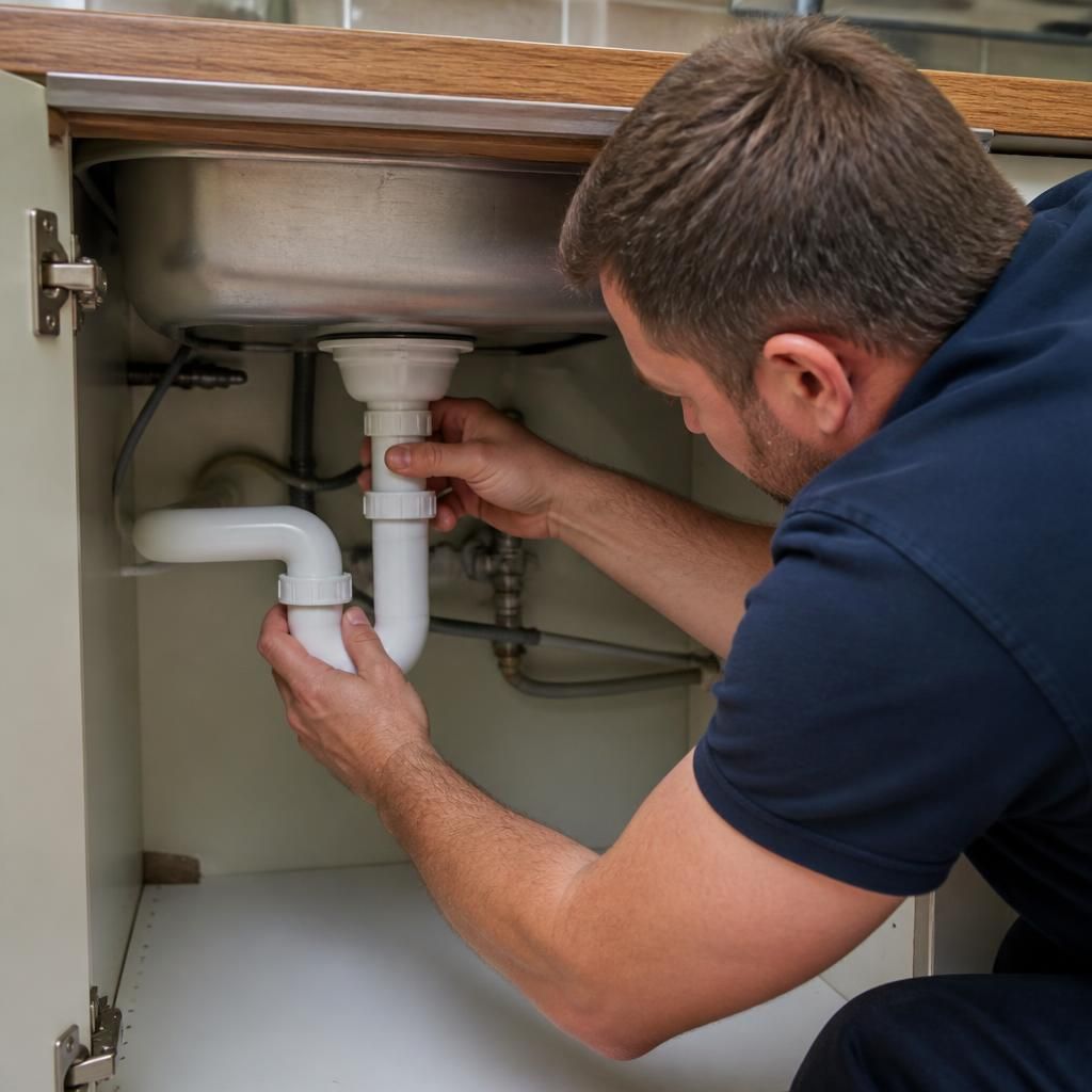 Plumber inspecting the waste trap beneath a kitchen sink