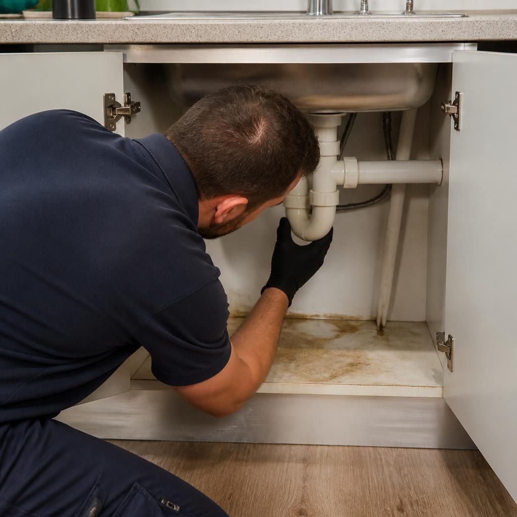 Plumber checking the waste pipe and cupboard base beneath a kitchen sink