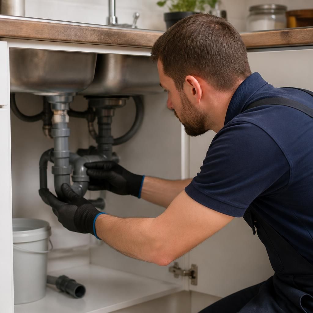 Plumber inspecting pipework beneath a kitchen sink