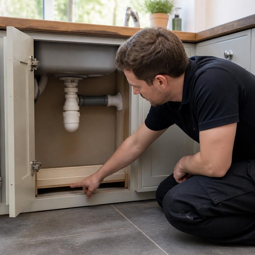 Plumber inspecting the waste pipe beneath a kitchen sink