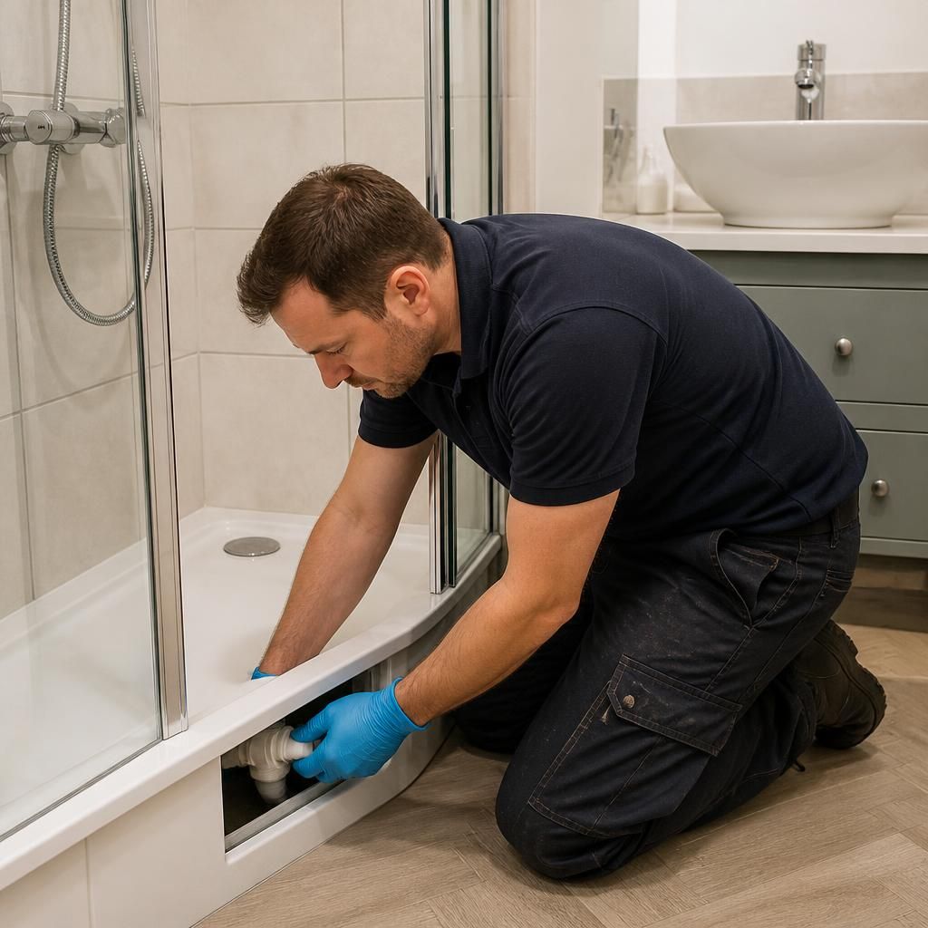 Plumber inspecting a shower drain waste pipe in a rented bathroom