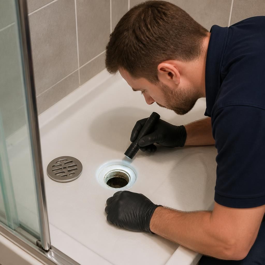 Plumber inspecting a shower waste through the drain opening with the shower tray intact