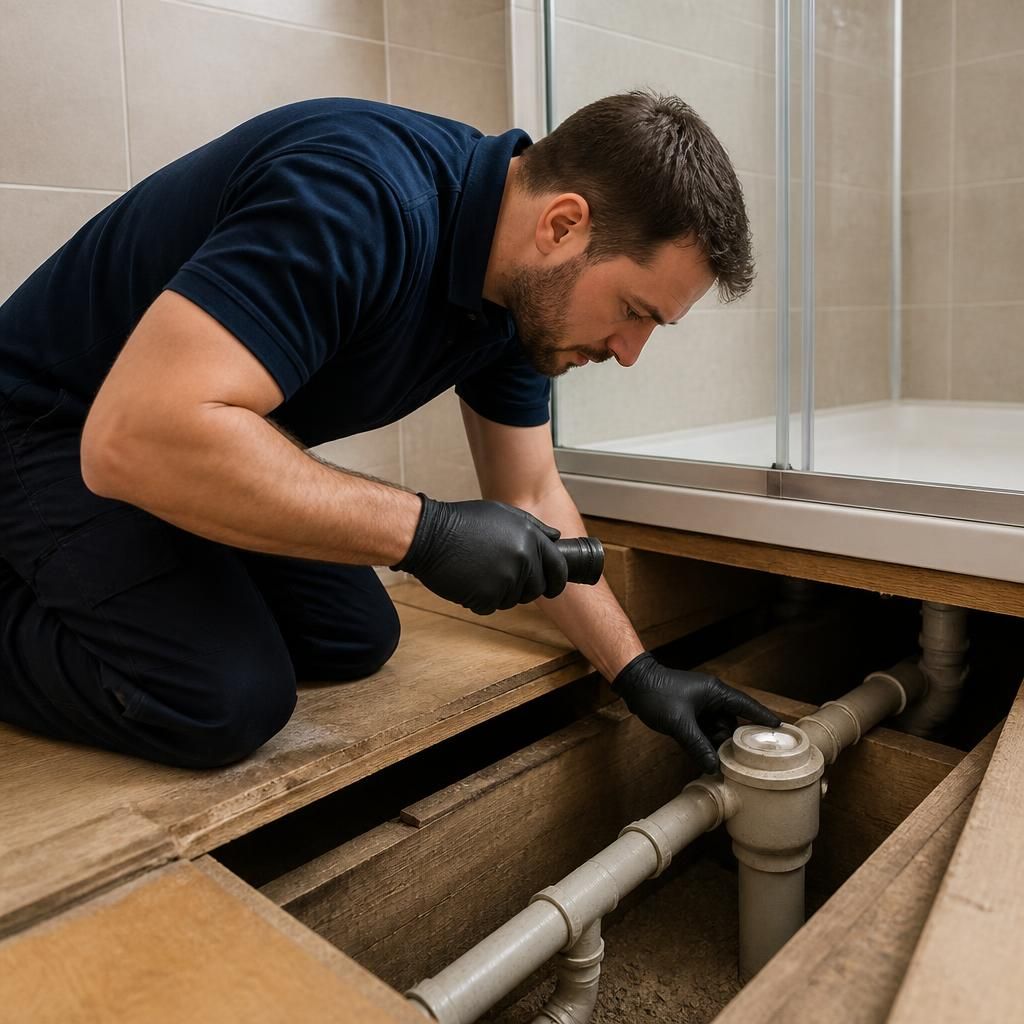 Plumber inspecting a shower waste pipe beneath a bathroom floor
