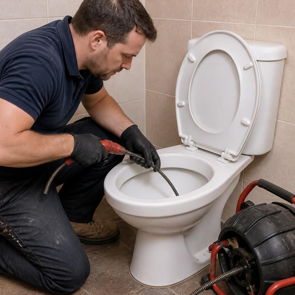 Plumber using a toilet auger to clear a blockage through the toilet bowl