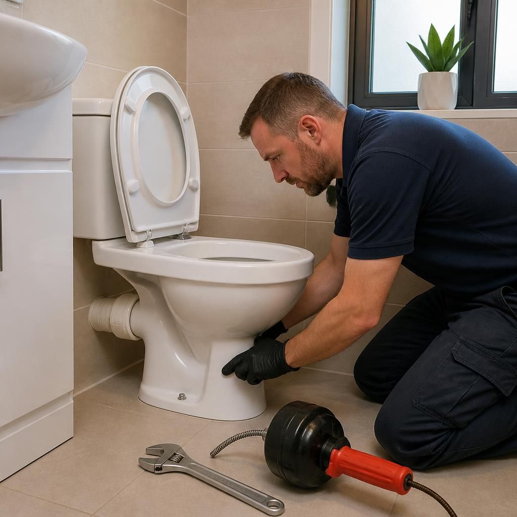 Plumber inspecting a toilet pan and waste pipe in a rented bathroom