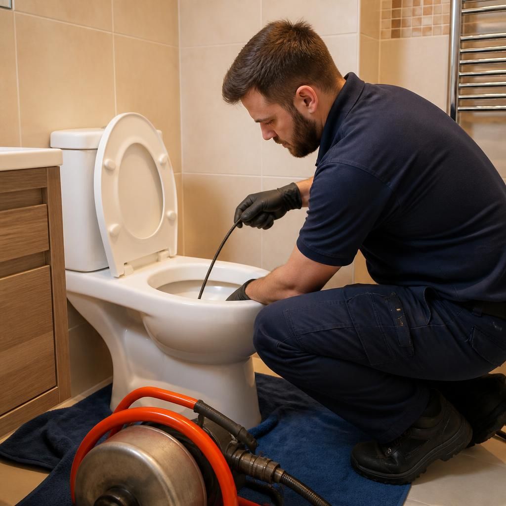 Plumber using a toilet auger to clear a blocked toilet