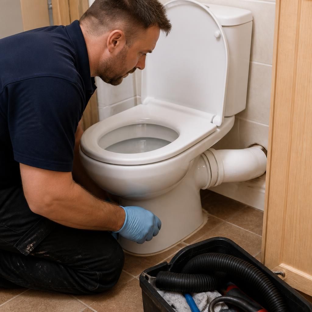 Plumber inspecting a blocked toilet and its waste pipe