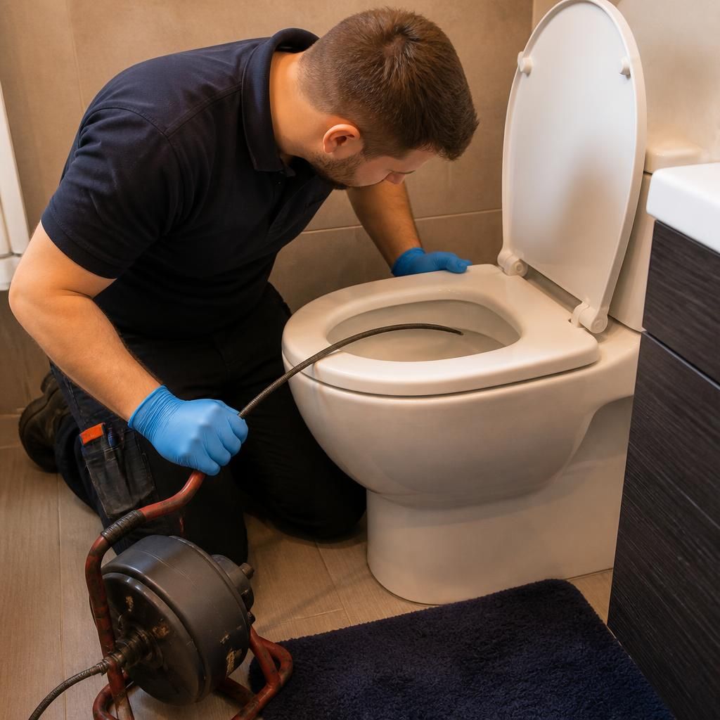 Plumber examining a blocked toilet with protective gloves and drain equipment