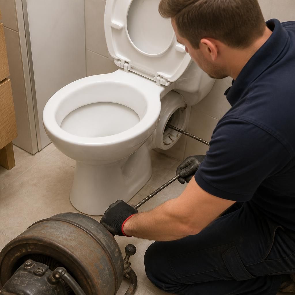 Plumber using a drain rod to clear a toilet waste pipe
