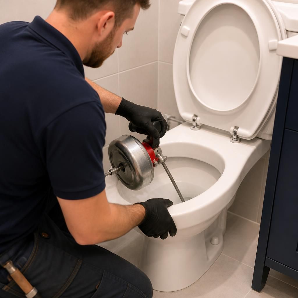 Plumber using a toilet auger to clear an obstruction through the pan