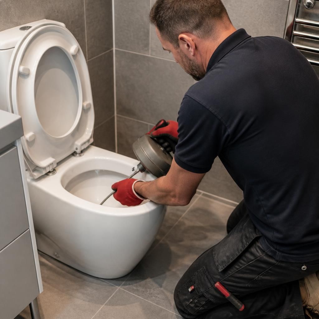 Plumber using a toilet auger to clear an obstruction from the toilet trap