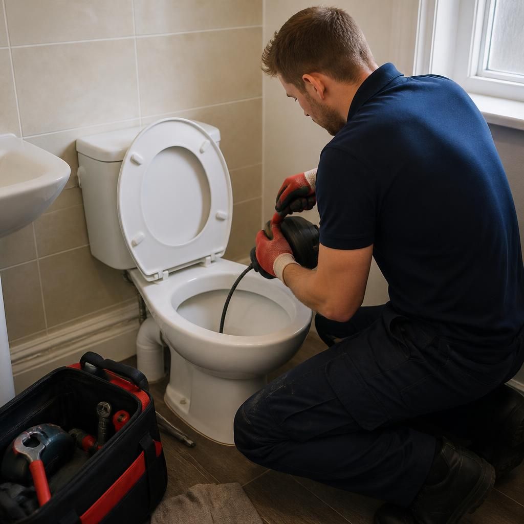 Plumber using a drain auger to clear a blocked toilet in a rented bathroom