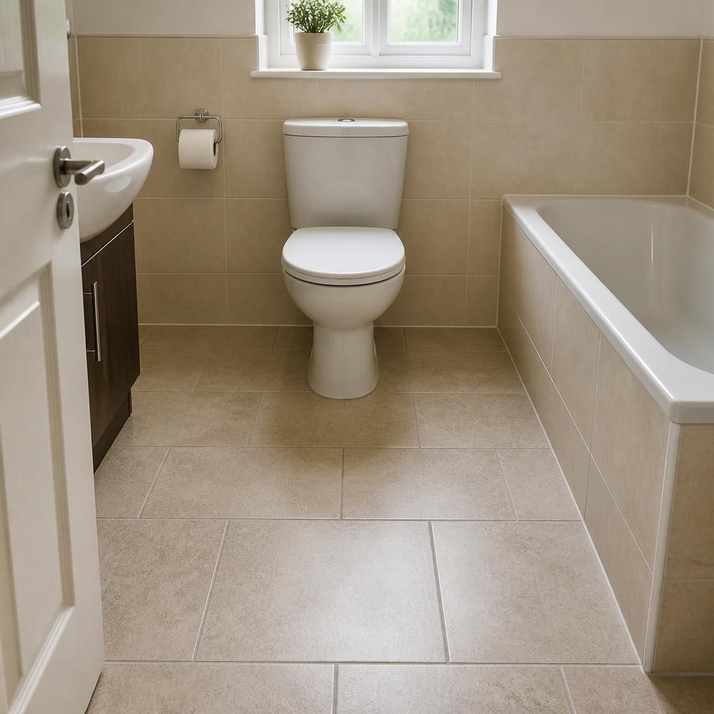Clear bathroom floor around a toilet with toiletries and bath mat removed